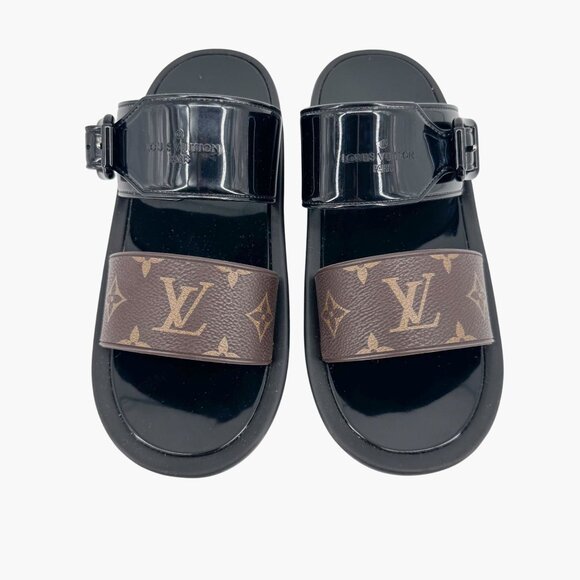 Louis Vuitton Sunbath Mule Slide Sandals Black Rubber Size 38 US 8 Women LV Logo - Picture 4 of 15